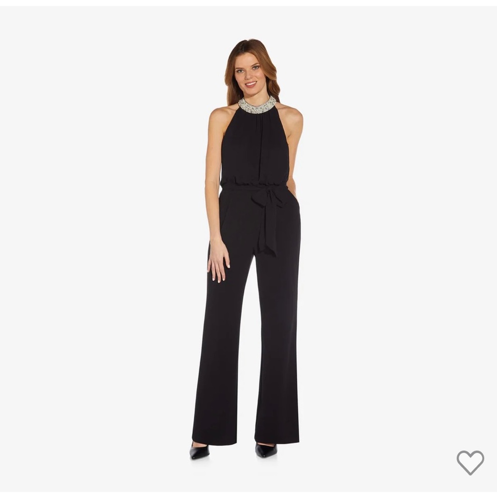 CREPE BLOUSON JUMPSUIT WITH PEARL HALTER COLLAR IN BLACK